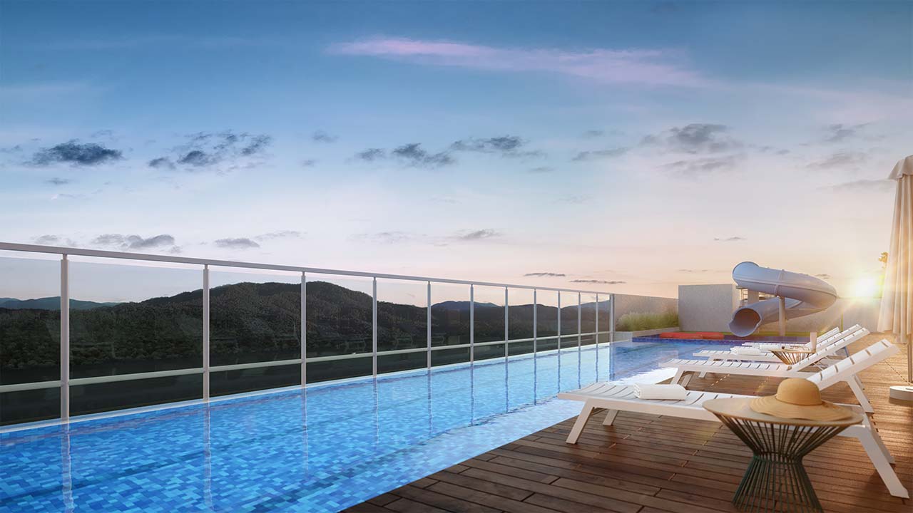 Piscina adulto mais deck e solarium Infinity Home Club - Perspectiva artística